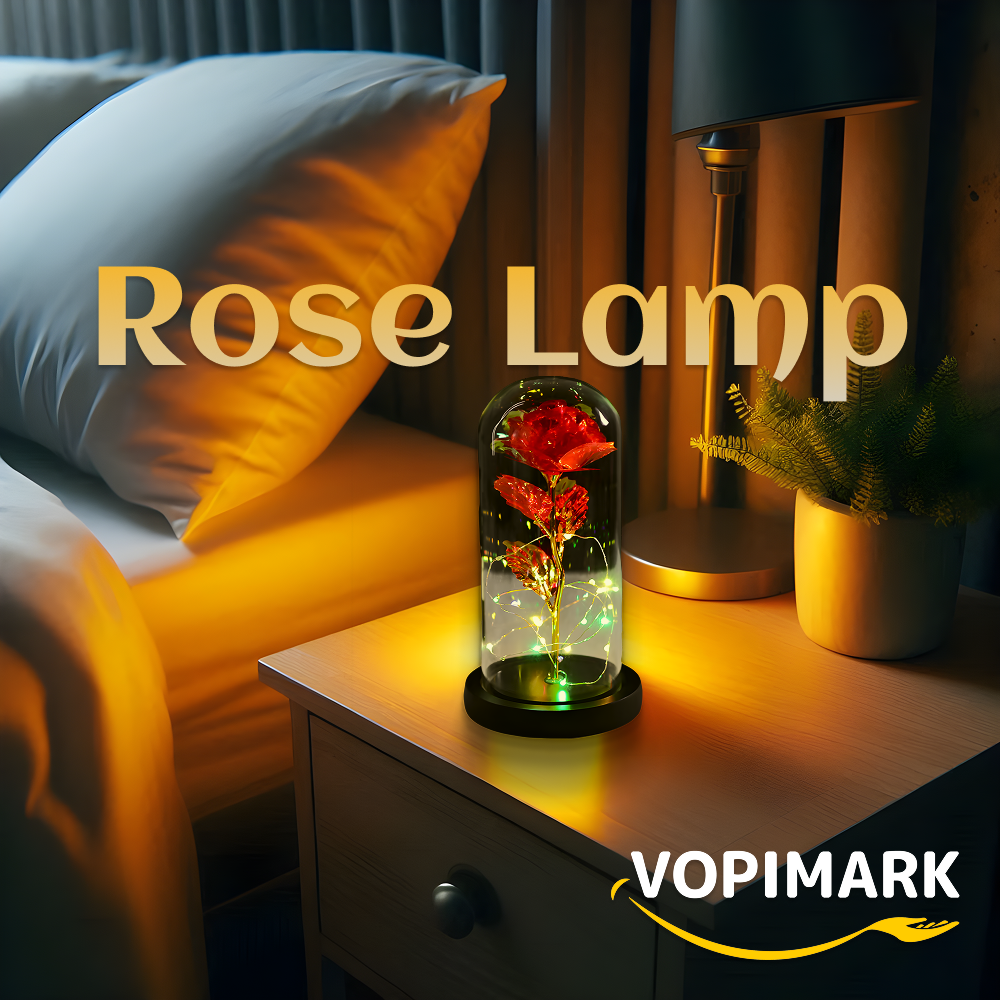 Decorative red rose LED lamp for nightstand or shelf – Декоративна червона лампа-троянда для тумбочки чи полиці – Dekoracyjna czerwona lampa LED w kształcie róży na stolik nocny lub półkę