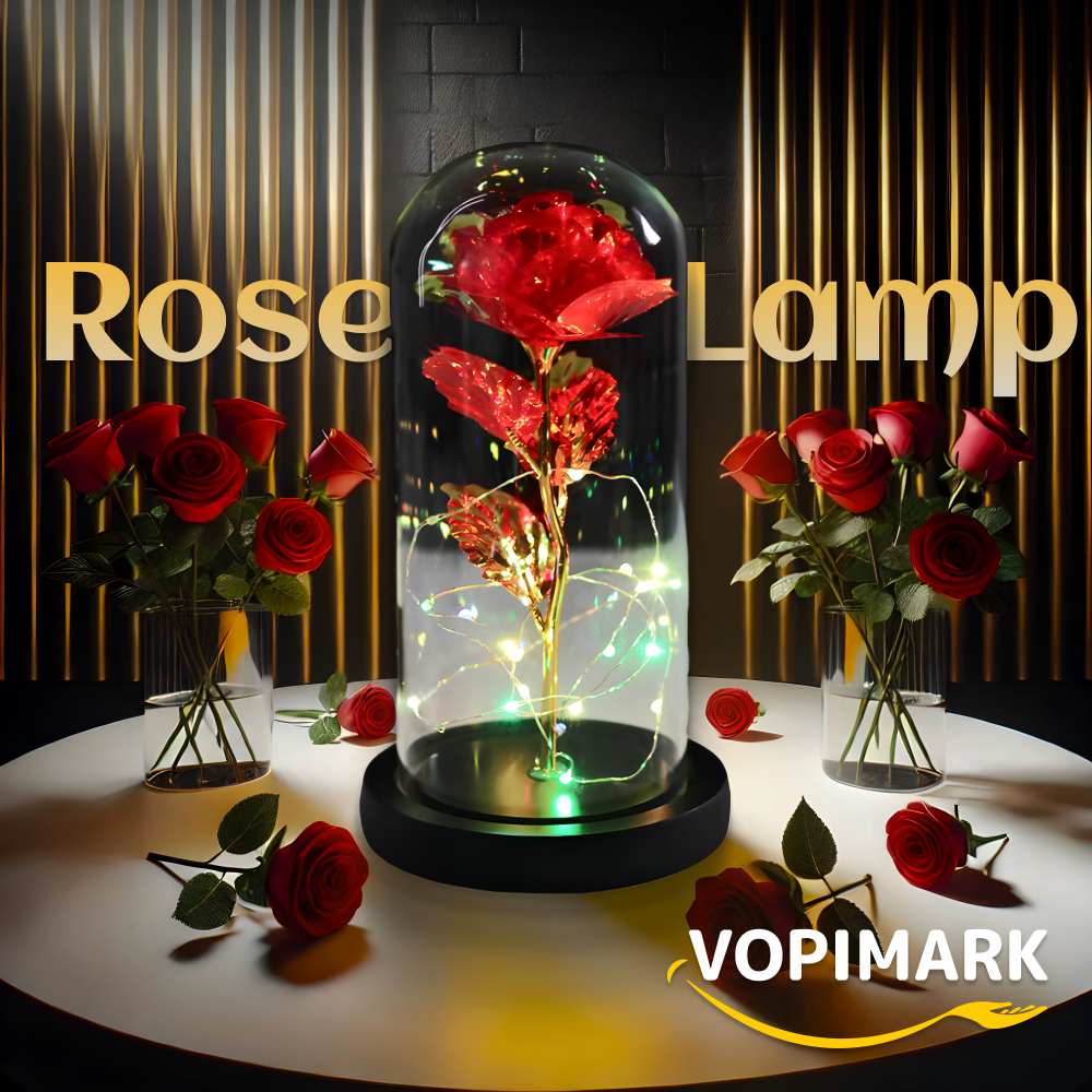 Decorative red rose LED lamp for nightstand or shelf – Декоративна червона лампа-троянда для тумбочки чи полиці – Dekoracyjna czerwona lampa LED w kształcie róży na stolik nocny lub półkę
